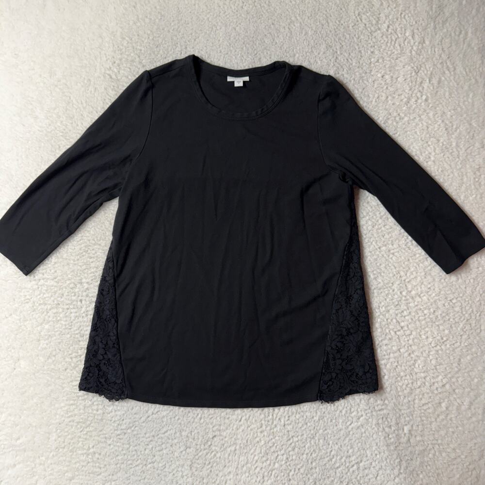 J Jill Top Size M Ponte Knit Tunic 3/4 Sleeve Lace Flowy Stretch Relaxed Black